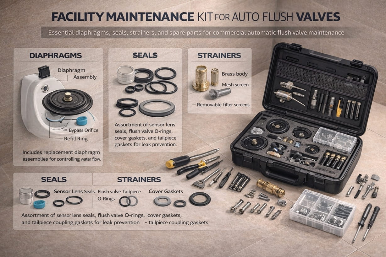 Facility maintenance kit with diaphragms, seals, strainers, and spare parts for commercial auto flush valves